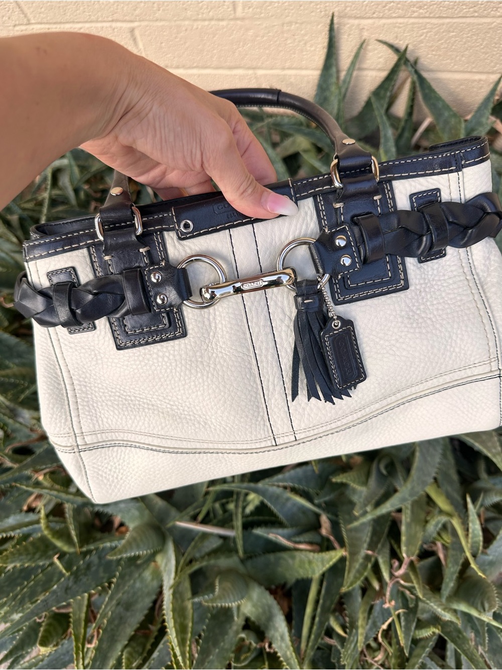 Coach White Leather Tote with Black Trim and Braided Accent - Picture 4 of 11